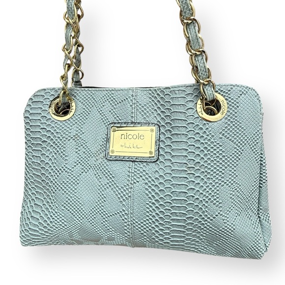 Nicole Miller Shoulder Bag Faux Snakeskin Animal Print Large Gold Chain Purse - Picture 14 of 14